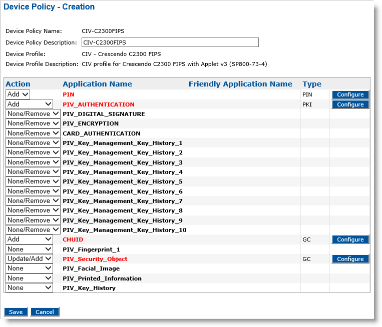 Device Policy - Creation dialog box with actions available for different applications